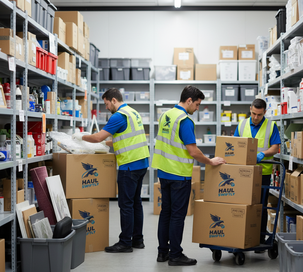 Professional packing team carefully wrapping furniture